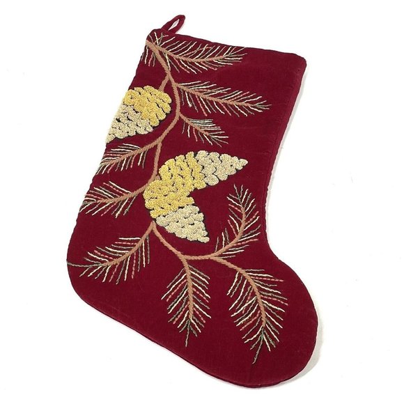 Christmas Stocking‎ Pinecone Branch Embroidered Needlepoint Red Velvet Holiday - Picture 1 of 11